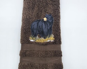 Black Bear on Brown Embroidered Hand Towel - Ready To Ship - Free Shipping