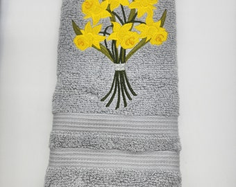 Yellow Daffodil Flower Embroidered Hand Towels - Order One or More - Free Shipping