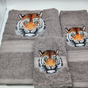 Tiger Face on Grag - 3 Piece Embroidered Towel Set - Bath Towel, Hand Towel and Washcloth - Ready To Ship