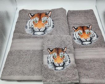 Tiger Face on Grag - 3 Piece Embroidered Towel Set - Bath Towel, Hand Towel and Washcloth - Ready To Ship