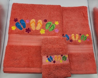 In Stock - Ready To Ship - Flip Flops on Peach - 3 Piece Embroidered Towel Set - Bath Towel, Hand Towel and Washcloth - Free Shipping