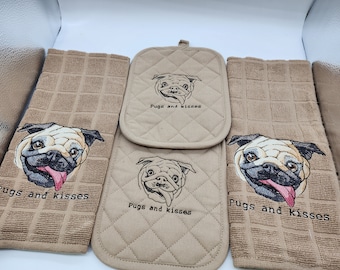Pugs and Kisses - 4 Piece Embroidered Kitchen Towel Set - Order as sets or individually