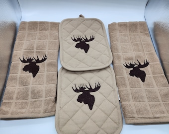 4 Piece Embroidered Kitchen Towel Set - Moose Silhouette - Order as sets or individually