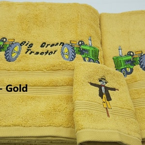 Big Green Tractor -Embroidered Towels - Pick Color of Towel and Set Size - Bath Sheet, Bath Towel, Hand Towel and Washcloth