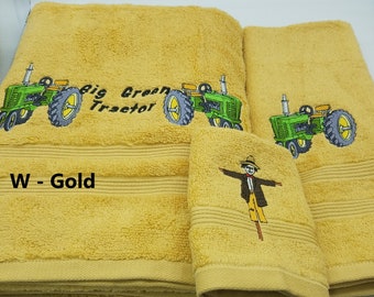 Big Green Tractor -Embroidered Towels - Pick Color of Towel and Set Size - Bath Sheet, Bath Towel, Hand Towel and Washcloth