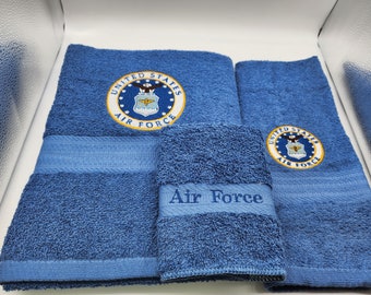 Military Air Force - Embroidered Towels - Bath Sheet, Bath Towel, Hand Towel and Washcloth - Order Set or Individually - Free Shipping