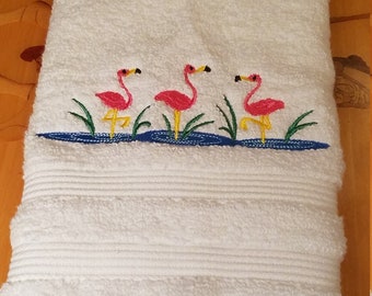 In Stock - Ready To Ship - Pink Flamingos - Face Towel - Bathroom Decoration - Embroidered Hand Towel - Free Shipping