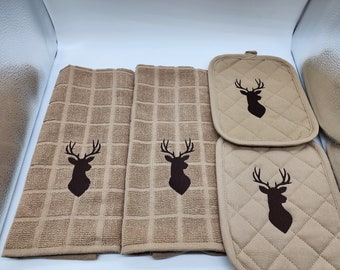 Deer - Buck on Tan Embroidered Kitchen Set - 2 Towels and 2 Potholders - Free Shipping - Ready To Ship
