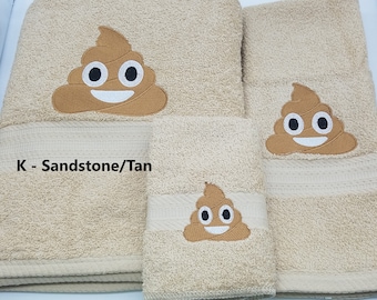 Poop Emoji  - Embroidered Towels - Bath Towel, Hand Towel and Washcloth - Order Set or Individually - FREE SHIPPING