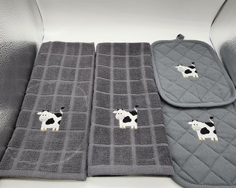 Cows on Gray - 4 Piece Embroidered Kitchen Towel Set - Ready To Ship