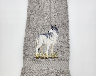 Wolf on Silver Gray - Face Towel - Bathroom Decoration - Embroidered Hand Towel - In Stock - Ready To Ship