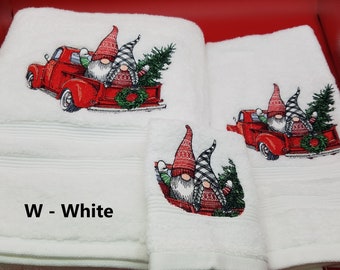 Christmas Gnomes in Red Truck Embroidered Towels - Pick You Size of Set & Towel Color - Bath Sheet, Bath Towel, Hand Towel, Washcloth