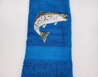 Trout on Turquoise Embroidered Hand Towel - Face Towel - Ready To Ship
