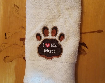 I Heart My Mutt - Embroidered Hand Towel - Pick Color of Towel - Order One or More - Free Shipping