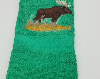 Moose on Green Embroidered Hand Towel - Face Towel - Outdoors Wildlife - Free Shipping - Ready To Ship