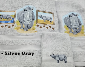 Rhino -Embroidered Towels- Order Set or Individually - Pick Color of Towel - Bath Sheet, Bath Towel, Hand Towel and Washcloth