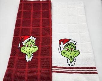 Pair of Grinch Face on Red and White with Red Stripe - Embroidered Cotton Kitchen Towels - Free Shipping - Ready To Ship