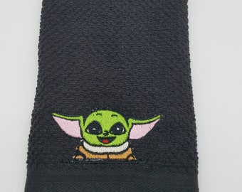Baby Yoda/GoGru on Black - Embroidered Cotton Kitchen Towel - Kitchen Decor - Free Shipping