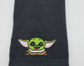 Baby Yoda/GoGru on Black - Embroidered Cotton Kitchen Towel - Kitchen Decor
