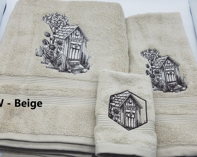 Featured listing image: Outhouse Outline Embroidered Towels - Choose Your Size of Set and Color of Towel - Free Shipping