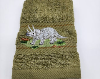 Ready To Ship - Triceratops on Moss Green Washcloth  - Free Shipping