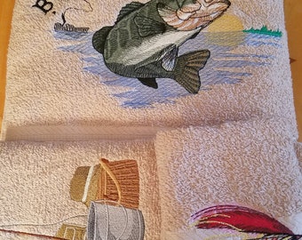 Fly Fishing Bass Born to Fish Embroidered Towels * Choose Your Size of Set and Towel Color - Bath Sheet, Bath Towel, Hand Towel & Washcloth