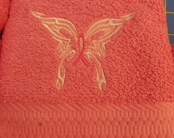Pink Ribbon and Wings - Embroidered Hand Towel - Pick Color of Towel - Order One or More - Bathroom Decor