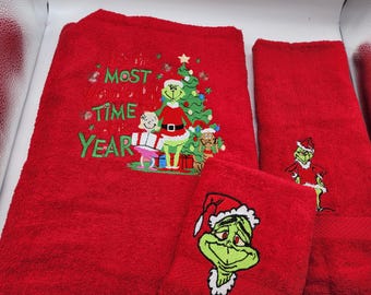 Most Wonderful Time of the Year - Embroidered Towels - Order Set or Individually - - Bath Sheet, Bath Towel, Hand Towel and Washcloth