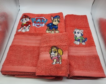 Ready To Ship - Paw Patrol on Peach/Coral - 3 Piece Embroidered Towel Set - Bath Towel, Hand Towel and Washcloth - Free Shipping