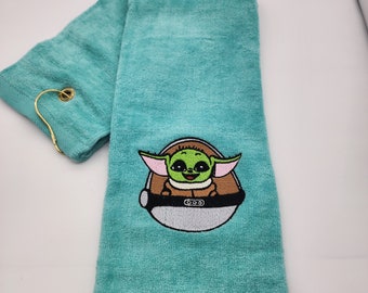 In Stock - Ready To Ship - Baby Yoda Gogru on Teal - Embroidered Golf Towel - Tri-Fold - Grommet - Hook - Free Shipping