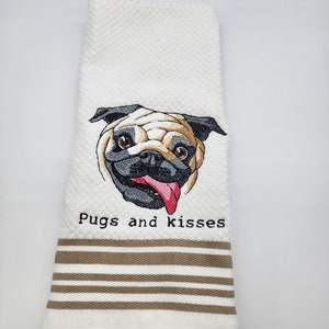 Pugs And Kisses - Embroidered Cotton Kitchen Towel - Kitchen Decor