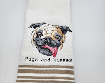 Pugs And Kisses - Embroidered Cotton Kitchen Towel - Kitchen Decor - Free Shipping