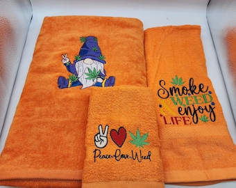 Stoner Gnome on Orange  - 3 Piece Embroidered Towel Set - Bath Sheet, Hand Towel and Washcloth