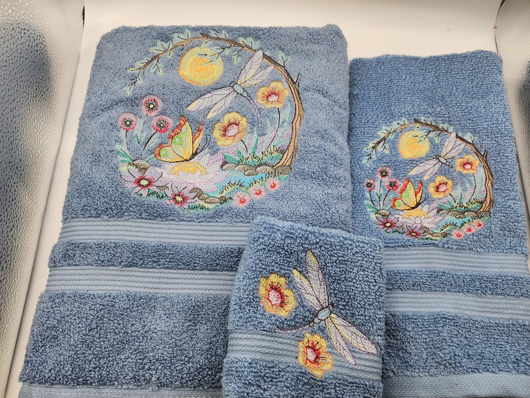 Dragonfly and Butterfly -embroidered Towels - Bath Towel, Hand Towel and Washcloth - Order Set or Individually - Etsy