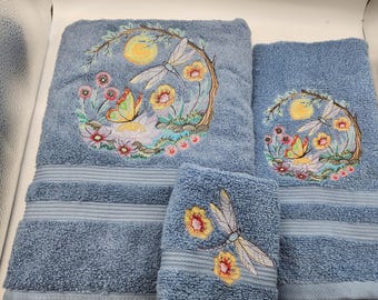 Dragonfly and Butterfly -Embroidered Towels - Bath Towel, Hand Towel and Washcloth - Order Set or Individually