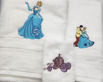 Ready To Ship - Cinderella on White - 3 Piece Embroidered Towel Set - Bath Towel, Hand Towel and Washcloth - Free Shipping