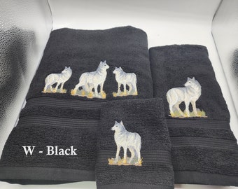 Wolves - Embroidered Towels - Order Set or Individually - Choose Towel Color - Bath Sheet, Bath Towel, Hand Towel & Washcloth - Ship Free