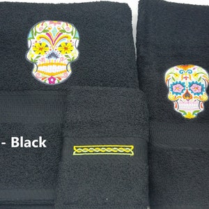 Sugar Skull Painted Skull Embroidered Towels - Pick Your Size of Set & Towel Color - Bath Sheet, Bath Towel, Hand Towel, Washcloth