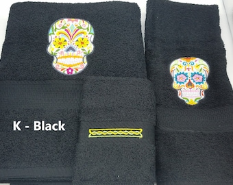 Sugar Skull Painted Skull Embroidered Towels - Pick Your Size of Set & Towel Color - Bath Sheet, Bath Towel, Hand Towel, Washcloth