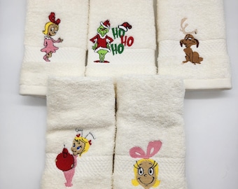 Grinch Set of 5 Ivory Washcloths - Embroidered Washcloth - Ready To Ship