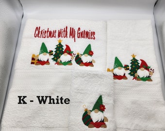 Christmas With My Gnomies - Embroidered Towels - Order Individually or Set - Pick Towel Color-Bath Sheet, Bath Towel, Hand Towel & Washcloth