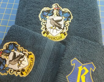 Harry Potter - Ravenclaw on Navy Blue  - 3 Piece Embroidered Towel Set - Bath Towel, Hand Towel and Washcloth - Ready to Ship