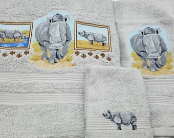 In Stock - Ready To Ship - Hippo on Silver Gray - Embroidered 3 Piece Bath Set - Bath Towel, Hand Towel & Washcloth