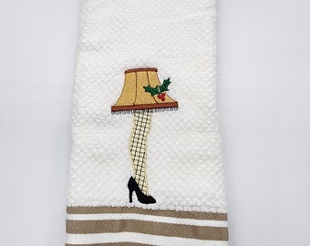 Leg Lamp on White with Red Stripe Embroidered Cotton Kitchen Towel - Free Shipping - Ready To Ship