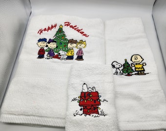 Peanuts Christmas on Beige - 3 Piece Embroidered Towel Set - Bath Towel, Hand Towel and Washcloth - Ready To Ship - Free Shipping