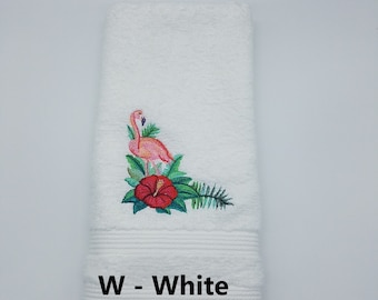 Watercolor Pink Flamingo - Embroidered Hand Towels - Bathroom Decor