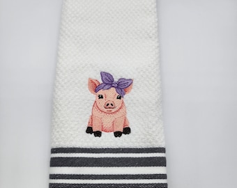 Pig in Bandana  - Embroidered Cotton Kitchen Towel - Free Shipping