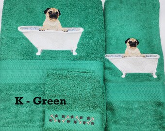 Pug in A Tub Embroidered Towels - Choose Your Size of Set & Color of Towel * Bath Sheet, Bath Towel, Hand Towel and Washcloth Available