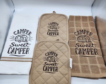 4 Piece Embroidered Kitchen Towel Set - Camper Sweet Camper - Order as sets or individually - Free Shipping