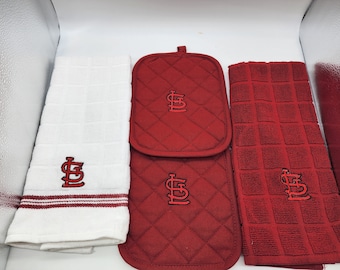 Ready To Ship - 4 Piece Embroidered Kitchen Towel Set - St Louis Cardinals on Red - Free Shipping